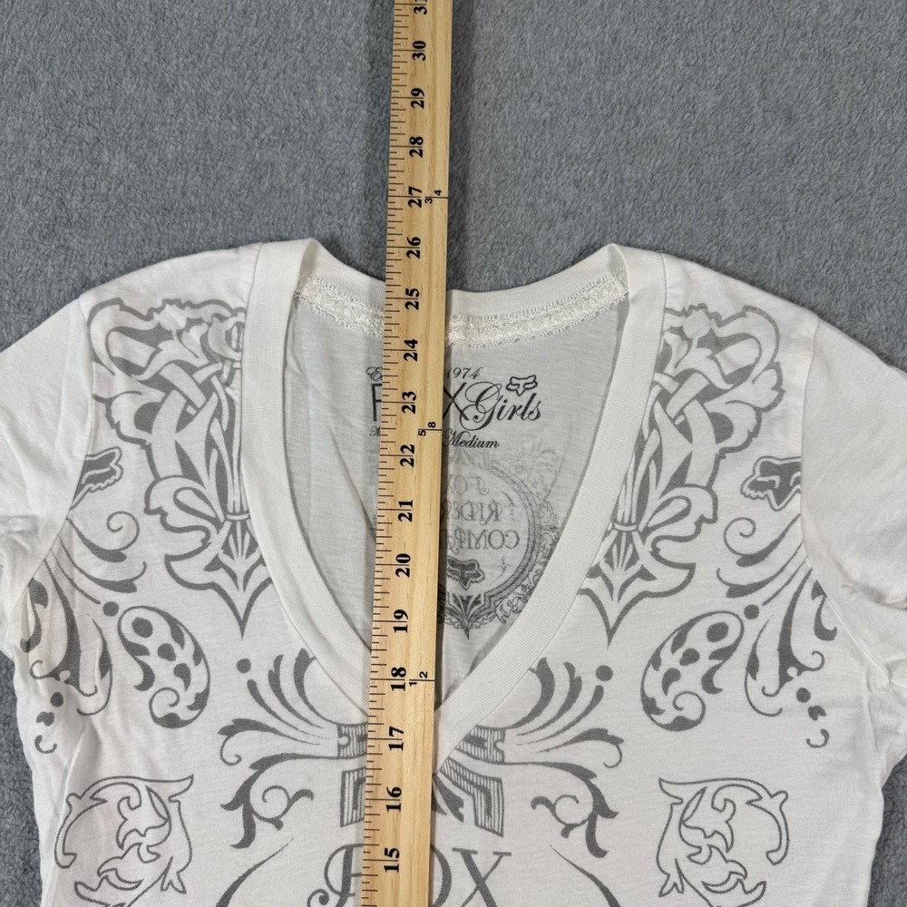Y2K Fox Racing T-Shirt Womens White Fox Riders Company Graphic V-Neck Tee Size M - Picture 3 of 8